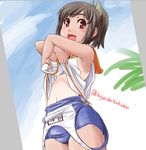  bare_shoulders blush brown_hair i-401_(kantai_collection) ikuya_daikokudou kantai_collection looking_at_viewer one-piece_swimsuit open_mouth ponytail red_eyes sailor_collar school_swimsuit school_uniform short_hair short_ponytail smile solo swimsuit tan twitter_username undressing 