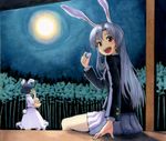  animal_ears bamboo bamboo_forest black_hair bunny_ears bunny_tail dress forest full_moon inaba_tewi jacket long_hair long_sleeves looking_at_viewer marker_(medium) millipen_(medium) moon multiple_girls nature night night_sky open_mouth pleated_skirt puffy_short_sleeves puffy_sleeves red_eyes reisen_udongein_inaba shiratama_(hockey) shirt short_sleeves silver_hair sitting skirt sky smile tail touhou traditional_media veranda very_long_hair white_dress 