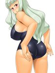  adjusting_clothes adjusting_swimsuit ass breasts cameltoe competition_school_swimsuit idolmaster idolmaster_(classic) kawanuma_uotsuri large_breasts looking_at_viewer one-piece_swimsuit pink_eyes school_swimsuit shijou_takane silver_hair simple_background solo swimsuit white_background 