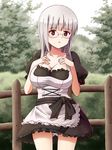  alternate_costume breasts cleavage dirndl german_clothes glasses hands_on_own_chest heidimarie_w_schnaufer hide_0 large_breasts long_hair looking_at_viewer open_mouth panties pantyshot red_eyes silver_hair solo strike_witches underwear white_panties world_witches_series 