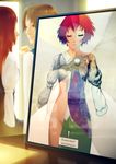  1girl amputee blurry breasts closed_eyes depth_of_field double_amputee good_end highres katawa_shoujo mike_inel nakai_hisao official_art older painting_(object) red_hair revealing_cutout short_hair small_breasts solo_focus symbolism tezuka_rin thigh_gap underboob 