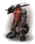  abs armor biceps dragon half-erect humanoid_penis male muscles penis precum scalie scar scars_draco solo standing sword takataka uncut weapon 