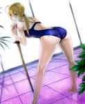  ahoge artoria_pendragon_(all) ass back bad_id bad_pixiv_id bare_legs bare_shoulders barefoot blonde_hair blush breasts butt_crack competition_swimsuit fate/zero fate_(series) floor from_behind green_eyes indoors kneepits leaning_forward lips looking_back medium_breasts midriff one-piece_swimsuit plant ponytail saber sakichi shinai solo sweat sweatdrop swimsuit sword water water_drop weapon 