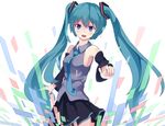  :d aqua_hair bad_id bad_pixiv_id blue_eyes detached_sleeves hair_ornament hatsune_miku leaning_back long_hair looking_at_viewer necktie open_mouth patisurotto pleated_skirt skirt smile solo twintails vocaloid wind 