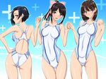  :d anegasaki_nene aqua_background armpits ass back bangs black_hair blue_background blue_hair blue_swimsuit blush bow breasts breasts_apart closed_mouth collarbone competition_swimsuit covered_navel gradient gradient_background grey_eyes groin hair_bow hand_on_hip hand_up hands_up head_tilt high_ponytail highleg highleg_swimsuit hips holding_hands impossible_clothes impossible_swimsuit kobayakawa_rinko legs_apart legs_together light_smile lineup long_hair looking_at_viewer looking_back love_plus medium_breasts mole mole_under_eye multiple_girls one-piece_swimsuit open_mouth outline pink_bow pink_eyes plus_sign ponytail profile sen_(sansui) shiny shiny_clothes shiny_skin short_hair sidelocks skin_tight smile standing swimsuit takane_manaka thigh_gap thighs wedgie white_swimsuit yellow_eyes 