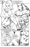  2014 animal_ears anthro big_breasts black_and_white blind breasts bulge cleavage clothed clothing comic dialog duo english_text equine female horse male mammal monochrome muscles nexus polearm sitting spear text 