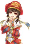  brown_hair covering_mouth dragon_nest eileen_(dragon_nest) fi-san hand_over_own_mouth hat highres long_hair looking_at_viewer open_mouth red_eyes solo transparent_background 
