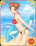  1girl beach bikini brown_eyes brown_hair cloud double_bun inflatable_orca inflatable_toy inflatable_whale looking_at_viewer naruto ocean outdoors side-tie_bikini sky solo swimsuit tenten wink 