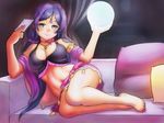 aqua_eyes arabian_clothes bare_legs barefoot blush breasts card choker circlet couch crystal_ball finalcake large_breasts legs long_hair looking_at_viewer love_live! love_live!_school_idol_project lying navel necktie on_side orb pillow purple_hair skirt solo toujou_nozomi veil wide_hips 