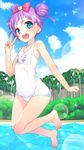  ahoge bow cloud day double_bun flat_chest green_eyes hair_bow heart highres manaka_lala one-piece_swimsuit open_mouth outdoors palm_tree pretty_(series) pripara purple_hair school_swimsuit short_hair sky solo swimsuit tree urepito_honke v white_school_swimsuit white_swimsuit 