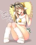  2014 :d animal_costume animal_ears bell blush boots brown_hair crop_top frilled_pillow frills fur fur_boots happy_birthday highres horns knees_together_feet_apart long_hair looking_at_viewer love_live! love_live!_school_idol_project minami_kotori open_mouth pillow ribbon-trimmed_underwear ribbon_trim sheep_costume sheep_ears sheep_horns sitting smile solo thighs underwear yellow_eyes yu-ta 