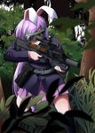 adapted_costume airsoft animal_ears bag belt blurry bullpup bunny_ears commentary_request depth_of_field forest goggles grass grenade_launcher gun highres jacket kouno_ibuki long_hair long_sleeves nature p90 pleated_skirt purple_hair red_eyes reisen_udongein_inaba rifle scope skirt solo submachine_gun suppressor touhou very_long_hair weapon 