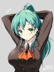  adjusting_hair arms_up blush breasts dated gin'ichi_(akacia) green_eyes green_hair grey_background hair_ornament highres kantai_collection large_breasts long_hair looking_at_viewer mouth_hold ponytail school_uniform solo suzuya_(kantai_collection) twitter_username upper_body 