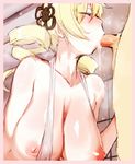  1girl bikini blonde_hair breasts closed_eyes drill_hair fellatio hair_ornament hetero hiichisato large_breasts long_hair mahou_shoujo_madoka_magica nipples oral penis profile slingshot_swimsuit sweat swimsuit tomoe_mami twin_drills white_bikini white_swimsuit 