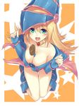  :d aqua_eyes bare_shoulders between_breasts blonde_hair blue_footwear blue_gloves blush_stickers boots breasts cleavage collarbone dark_magician_girl duel_monster fingerless_gloves gloves hat hexagram highres ite_fuji jewelry large_breasts long_hair looking_at_viewer necklace open_mouth smile solo star thigh_gap yuu-gi-ou 