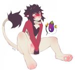  anthro balls blush collar covering covering_crotch covering_self eggplant erection facial_piercing felid food fruit fur lion male mammal nose_piercing pantherine pawpads penis penis_base piercing red_fur simple_background solo white_fur zamzi 