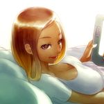  breasts brown_eyes brown_hair cleavage downblouse large_breasts long_hair looking_at_viewer looking_back lowres mike_inel original pillow real_life_insert reclining smile solo stylus tablet_pc 