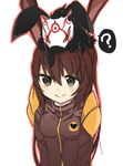  ? animal animal_ears animal_on_head blush brown_eyes brown_hair bunny bunny_ears creature creature_on_head esu_(transc) grimm heart long_hair looking_away on_head rwby shoulder_armor smile spaulders speech_bubble velvet_scarlatina white_background 