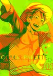  1boy color_palette hand_on_hat hand_on_headwear hat limited_palette male_focus monkey_d_luffy one_piece open_clothes open_shirt palette sash scar shirt smile solo straw_hat yuu_(1969loy) 