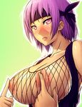  areola_slip areolae ayane_(doa) blush breasts cleavage covering_nipples dead_or_alive embarrassed fishnets frown headband huge_breasts large_areolae lips looking_at_viewer mike_inel pink_eyes purple_hair short_hair sleeveless solo sweat torn_clothes 