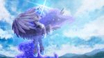  2014 blue_eyes blue_hair cannibalus cloud crown equine female flying friendship_is_magic glowing hair horn magic mammal mountain my_little_pony necklace outside princess_luna_(mlp) sky solo sparkles winged_unicorn wings 
