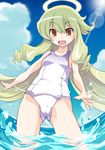  :d angelia_avallone arcana_heart blonde_hair cameltoe cloud day halo highres long_hair ocean one-piece_swimsuit open_mouth orange_eyes outdoors school_swimsuit sky smile solo swimsuit takashi_moritaka wading water white_school_swimsuit white_swimsuit 