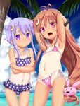  :d antenna_hair bikini bunny_hair_ornament crescent crescent_hair_ornament embarrassed fang flat_chest hair_ornament kantai_collection long_hair md5_mismatch multiple_girls ocean one-piece_tan open_mouth outdoors palm_tree pink_bikini pink_eyes polka_dot polka_dot_bikini polka_dot_swimsuit purple_eyes red_hair scrunchie short_hair_with_long_locks smile swimsuit takase_yuu tan tanline tree uzuki_(kantai_collection) wrist_scrunchie yayoi_(kantai_collection) 