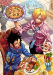  beard black_hair blonde_hair cup drinking_glass earrings facial_hair flower food fork hair_over_one_eye highres holding_pizza jewelry keiko_rin male_focus multiple_boys necktie one_piece pizza sanji shirt soup striped striped_shirt tattoo trafalgar_law vase vegetable wine_glass 