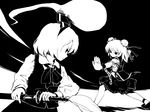  bandages bun_cover chain chinese_clothes cuffs double_bun fighting_stance greyscale hair_ribbon hairband hitodama ibaraki_kasen katana kongari_(kngr) konpaku_youmu konpaku_youmu_(ghost) monochrome multiple_girls ribbon short_hair skirt sword tabard touhou weapon 