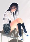  black_hair black_legwear cellphone desk f-ism grey_eyes highres kneehighs long_hair murakami_suigun non-web_source original phone plaid plaid_skirt playboy school_uniform sitting skirt smartphone solo taking_picture wet 