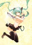  artist_name boots breasts crossed_arms digital_dissolve floating_hair green_eyes green_hair hatsune_miku headset highres kowiru long_hair medium_breasts necktie no_bra skirt solo thigh_boots thighhighs twintails underboob vocaloid 