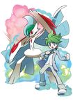  absurdres arm_blade blue_eyes cape full_body gallade gen_4_pokemon glint green_hair height_difference highres horns jewelry long_sleeves mega_gallade mega_pokemon mitsuru_(pokemon) necklace official_art oomura_yuusuke open_mouth pokemon pokemon_(creature) pokemon_(game) pokemon_oras red_eyes shiny shiny_hair short_hair smoke transparent_background weapon 