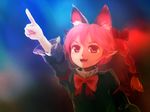  animal_ears bow braid cat_ears extra_ears fang hair_bow kaenbyou_rin kongari_(kngr) night open_mouth pointing pointy_ears red_eyes red_hair ribbon smile solo touhou twin_braids 