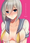  blue_eyes blush breasts center_opening collarbone hair_between_eyes hair_ornament hairclip hamakaze_(kantai_collection) kantai_collection large_breasts looking_at_viewer nose_blush open_clothes pink_background school_uniform serafuku shisei_(kyuushoku_banchou) short_hair short_sleeves silver_hair simple_background smile solo sweat translated upper_body 