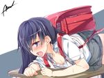  asashio_(kantai_collection) backpack bag bent_over black_hair blue_eyes implied_sex kantai_collection long_hair mtu_(orewamuzituda) open_mouth out-of-frame_censoring randoseru school_uniform signature skirt solo tears 