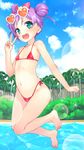  ahoge bikini bow double_bun eyewear_on_head flat_chest green_eyes hair_bow heart highres manaka_lala micro_bikini open_mouth outdoors palm_tree pretty_(series) pripara purple_hair red_bikini short_hair side-tie_bikini solo sunglasses swimsuit tree urepito_honke v 