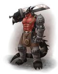  abs armor biceps dragon loincloth male muscles scalie scar scars_draco solo standing sword takataka weapon 
