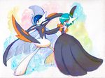  arm_blade cape dress fighting_stance gallade gardevoir gen_3_pokemon gen_4_pokemon horns mega_gallade mega_gardevoir mega_pokemon no_humans orange_eyes pokemon pokemon_(creature) pose shige_(19921012) shiny_pokemon spikes traditional_media watercolor_(medium) weapon 