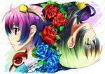  blue_flower blue_rose flower from_side green_eyes green_hair komeiji_koishi komeiji_satori light_smile looking_away multiple_girls parted_lips pink_hair profile red_eyes red_flower red_rose rose short_hair siblings sisters third_eye touhou umigarasu_(kitsune1963) wavy_hair 