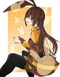  animal_ears black_legwear blush brown_eyes brown_hair bunny bunny_ears bunny_girl esu_(transc) heart long_hair looking_at_viewer looking_back open_mouth pantyhose rwby shorts shoulder_pads sitting solo velvet_scarlatina 