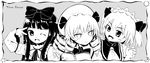  book bow crescent dress drill_hair fairy fang greyscale hair_bow hat highres kongari_(kngr) long_hair luna_child monochrome multiple_girls one_eye_closed open_mouth ribbon short_hair smile star star_sapphire sun sunny_milk touhou twintails v wings 