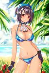  ascot beach beret bikini black_gloves black_hair breasts cleavage cloud contrapposto cowboy_shot dappled_sunlight day flower gloves hat hibiscus horizon kantai_collection large_breasts looking_at_viewer navel ocean outdoors red_eyes short_hair sky solo standing striped striped_bikini sunlight swimsuit takao_(kantai_collection) wet zonana 