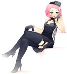  black_gloves blue_eyes boots chin_rest clothes_writing crossed_legs dress eyeshadow garters gloves hair_ornament hairclip hat high_heel_boots high_heels makeup mike_inel nurse nurse_cap original parted_lips pink_hair short_dress side_slit sitting solo thigh_boots thighhighs 