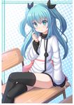  black_thighhighs blue_eyes blue_hair blush bow desk girl hair_bow kazenokaze long_hair noel_(sora_no_method) single sitting sora_no_method thighhighs 