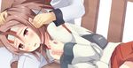  1girl admiral_(kantai_collection) bad_id bad_pixiv_id blush brown_eyes brown_hair ear_cleaning headband highres kantai_collection lap_pillow lying_on_person mimikaki muneate patisurotto ponytail sitting sketch zuihou_(kantai_collection) 