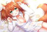  animal_ears blush breasts cleavage doggirl green_eyes long_hair naked_shirt orange_hair original rinchu shirt signed tail twintails 