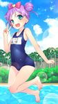  ahoge bow double_bun flat_chest green_eyes hair_bow heart highres manaka_lala one-piece_swimsuit open_mouth outdoors palm_tree pretty_(series) pripara purple_hair school_swimsuit short_hair solo swimsuit tree urepito_honke v 
