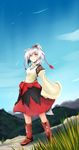  animal_ears boots breasts detached_sleeves fang grass hat highres inubashiri_momiji kourindou_tengu_costume looking_up medium_breasts natui pom_pom_(clothes) red_eyes short_hair silver_hair smile solo tail tokin_hat touhou wolf_ears wolf_tail 
