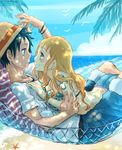  1boy 1girl beach black_hair blush brown_eyes earrings eye_contact grin hammock hat jewelry long_hair looking_at_another lying meitarou meitarou_(3079995) monkey_d_luffy nami nami_(one_piece) ocean on_back on_person one_piece orange_hair outdoors shorts smile straw_hat tattoo 