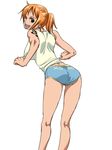  1girl :d ass from_behind kuri_(pienu) leaning_forward long_hair looking_back nami nami_(one_piece) one_piece open_mouth orange_hair pienu short_shorts shorts smile solo tattoo wink 